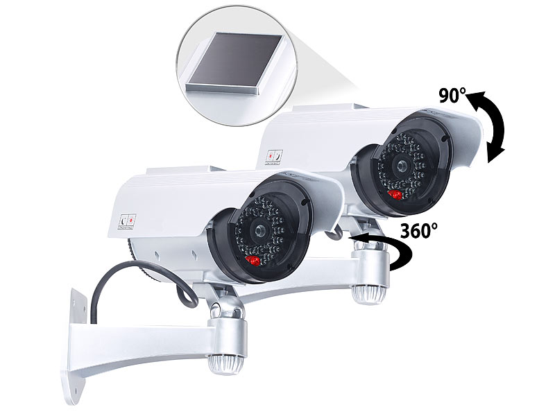 Silber Drahtlos 2 Stück Kamera Attrappe mit LED-Licht Dummy Kamera Überwachungskamera Attrappe Wandhalterung für den Innen- und Außenbereich