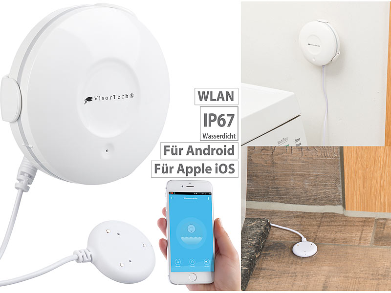 VisorTech WLAN-Wassermelder, externer Sensor, App, bis 8 Jahre