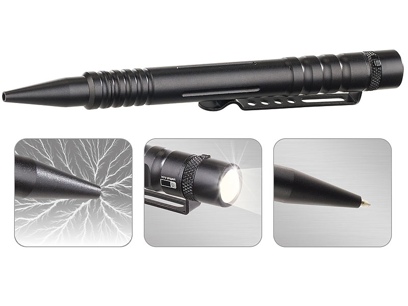 VisorTech 4in1-Tactical Pen mit Kugelschreiber, LED-Licht, Glasbrecher