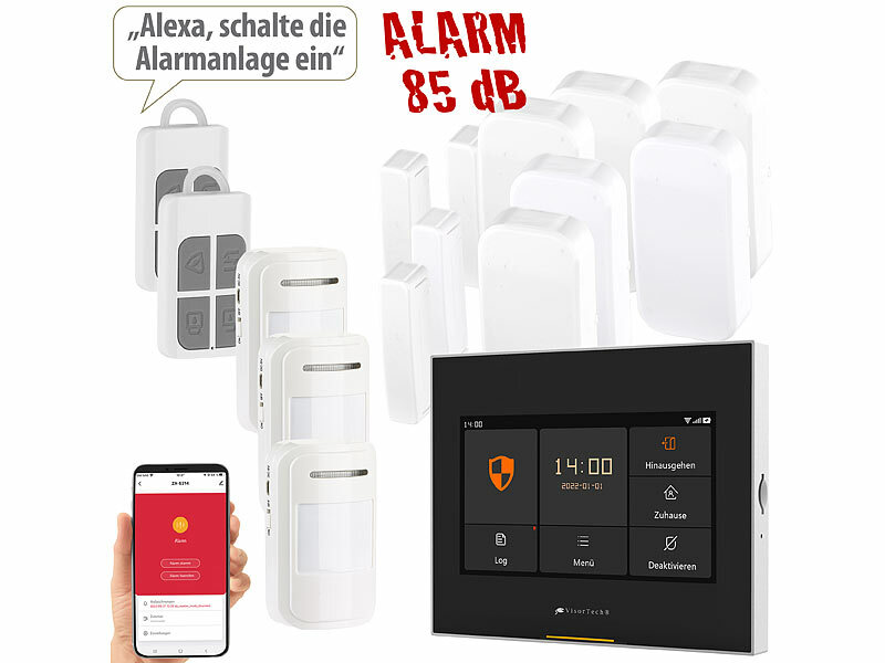 VisorTech 14-tlg. Funk-Alarmanlage: 11 Sensoren, 2 Fernbedienungen, GSM  WLAN App