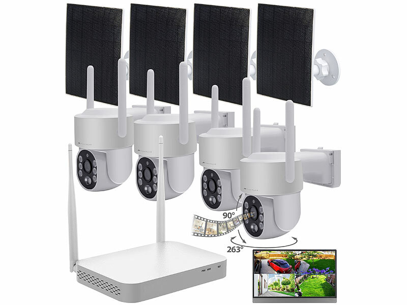 ; Netzwerk-Überwachungssysteme mit Rekorder, Kamera, Personenerkennung und App, Akkubetriebene IP-Full-HD-Überwachungskameras mit Apps 